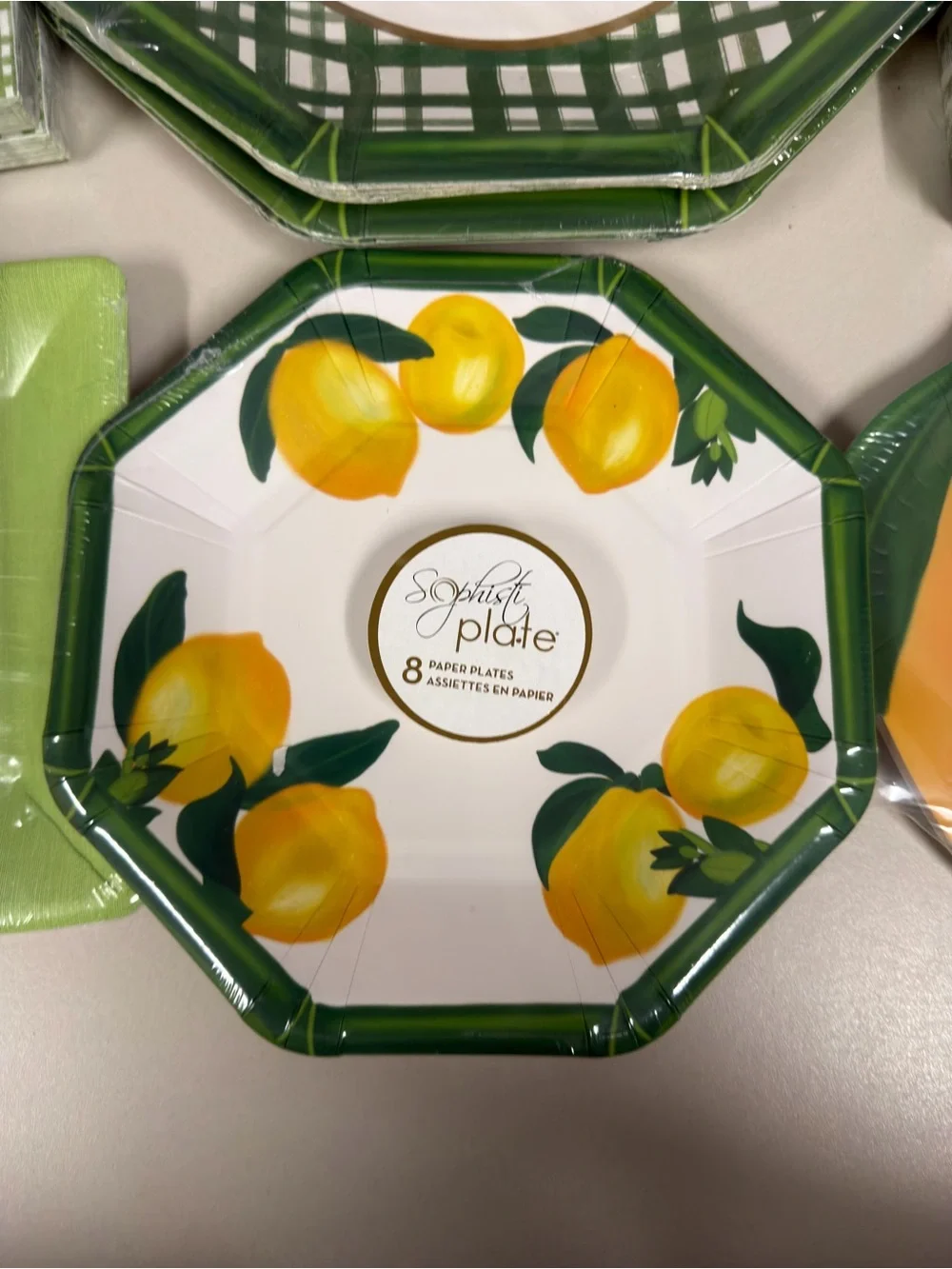 White Yellow Gold Green Lemon Plaid Coastal Summer Paper Plate Napkin Set